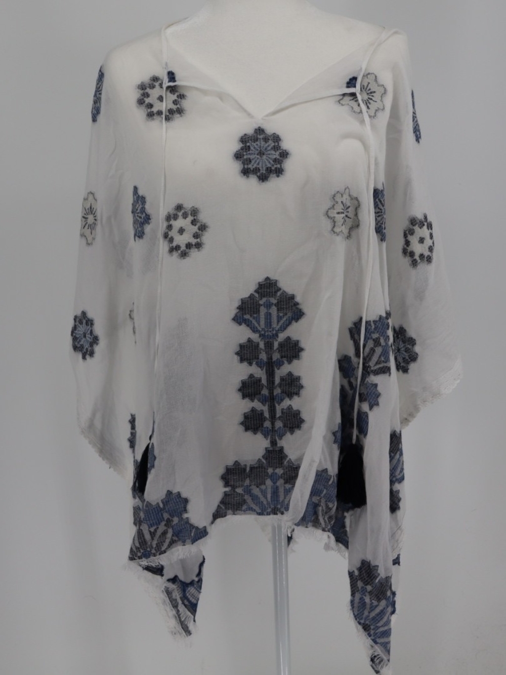 J.Jill Embroidered Cotton Gauze Boho Tunic Poncho Top One Size Blue White Light